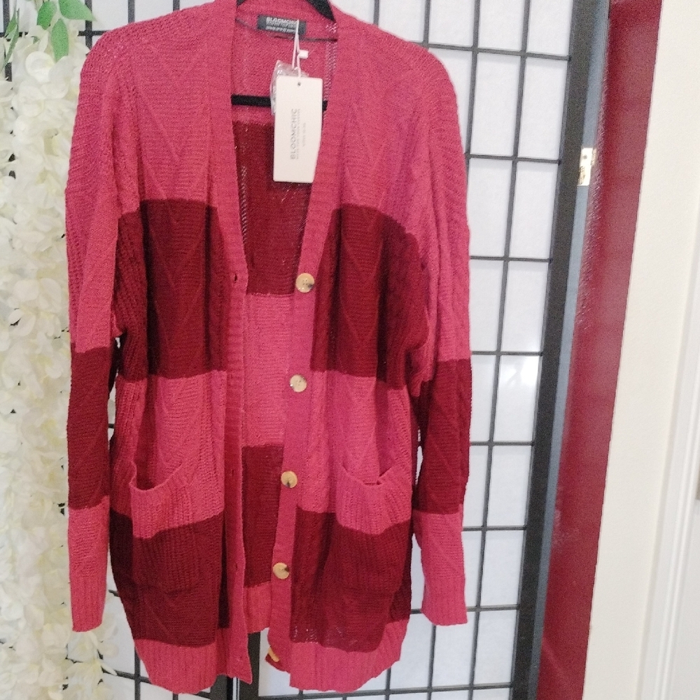 Striped Open-Front Cardigan Sweater - Pink/Burgundy